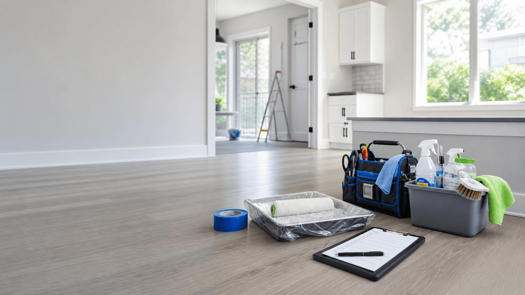 Vacant rental property prepared with cleaning, painting, and repair supplies